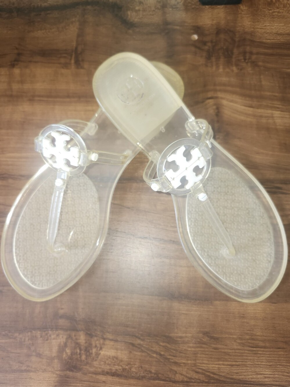 Tory Burch Clear Yellow and White Jelly Logo Thong Sandals.